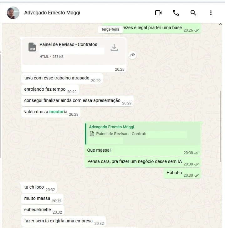 Mensagem de Ernesto Maggi: tava com o trabalho atrasado, consegui finalizar, valeu demais a mentoria.